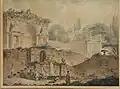 D'après:&nbsp; Hubert ROBERT, 1733 - 1808, Sachetorum Villae rudera imitabatur / Vue animée de la villa Sachetti en ruines, 1778, Aquatinte sur traits gravés, 38 × 50 cm. Collection privée, Paris