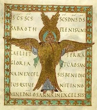 Miniature représentant un séraphin à six ailes déployées et au visage encadré par des têtes d’aigle, de lion et de bœuf (Ezech.1, 10), folio 15r.