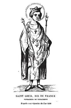 Gravure représentant Louis IX portant le sceptre et les attributs royaux, ainsi qu'une auréole.