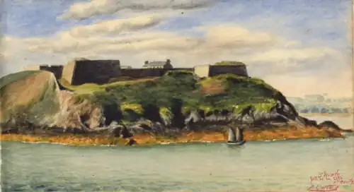 Peinture représentant des fortifications sur une falaise avec, au premier plan, la mer.