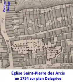 L'église Saint-Pierre-des-Arcis en 1754 sur le plan Delagrive.