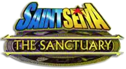 Logo anglais du jeu composé de lettres bleus et jaune formant «&nbsp;Saint Seiya&nbsp;» et en or au dessus d'un motif «&nbsp;The Sanctuary&nbsp;».