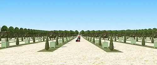 Vue restituée d'une allée du parterre de l'Orangerie de Saint-Mandé, en face d'une baie, 1661.