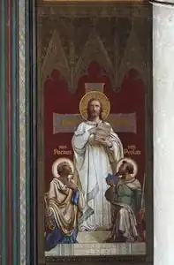 un homme barbu en toge lève la main droite et tient de la main gauche une boule bleue.