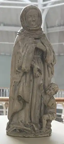 Sainte Élisabeth donnant l'aumône. Statuette (albâtre, ca. 1450), musée national d'Écosse, Édimbourg.