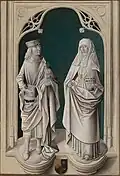 Saints patrons (Hippolyte et Élisabeth de Hongrie) et armes composées d'Hippolyte de Berthoz et de son épouse, extérieur du volet droit du triptyque de Boston (vers 1490).