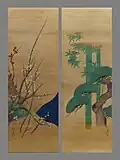 Les Trois Amis: Prunus en fleurs , Pin et bambous. Kakemono, format diptyque.Déb. XIXe&nbsp;siècle. Encre, couleurs, peinture à la poudre d'or s. soie, H. 97,3 cm. Musée Guimet