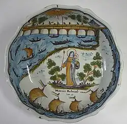 Saladier au Pont et à la Vierge Marie (1800), faïence de Nevers.