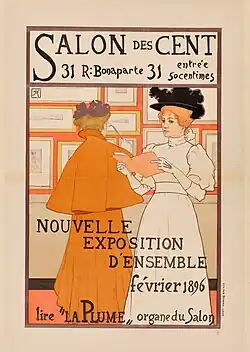 Affiche couleur montrant une femme, de face, lisant un catalogue d'exposition et une autre, de dos, qui observe les œuvres exposées au Salon des Cent de 1896.