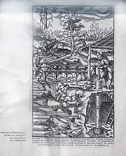 Fabrication d'un tuyau en bois. Georgius Agricola, De re metallica. 1556