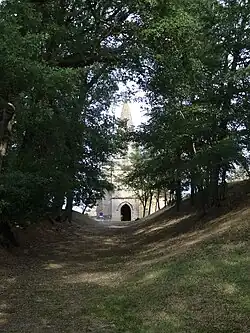 Fossé entourant la motte castrale avec l'église en fond.