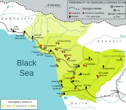 Carte anglophone de la Mingrékie, représentant l'ouest de la Géorgie et l'est de la Mer Noire.
