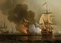 Samuel Scott, Action au large de Carthagène, 28 mai 1708, milieu du XVIIIe&nbsp;siècle, huile sur toile, 86,3&nbsp;×&nbsp;124,4&nbsp;cm, Londres, National Maritime Museum, BHC0348