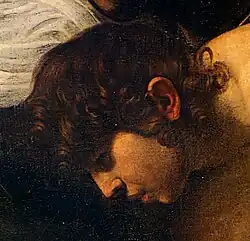 Peinture d'un visage de jeune garçon brun, frisé