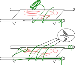 Sanglage d'une victime sur un brancard par la réalisation de demi-clés.