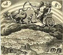 Saturne tenant une faux et assis dans un char tiré par deux dragons sur les nuages dans le ciel, d'après Maarten de Vos. 1585