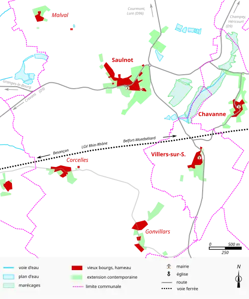 Vue d'une carte en couleur représentant les étapes de développement du bâti d'un bourg.
