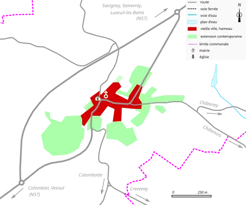 Vue d'une carte en couleur représentant les étapes de développement du bâti d'un bourg.