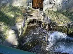 Le Sausseron à Valmondois. A gauche la grille d'entrée de l'alimentation d'un ancien moulin à eau.