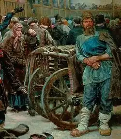 groupe de paysans près de la télègue dans la foule.