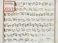 partition manuscrite aux couleurs passées rouge et vert en bordures et cadre de titre, titre en rouge