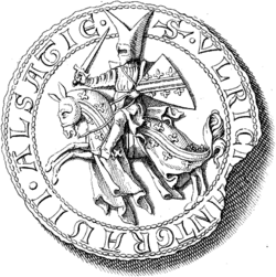 Dessin d'un homme à cheval avec un heaume et un bouclier, le tout entouré d'une inscription en latin : Lantgravii Alsatie S Ulric