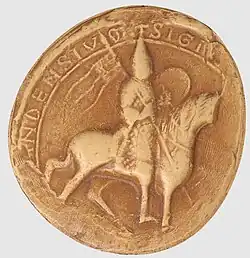 Moulage d’un sceau représentant un chevalier à cheval, armé et avec un gonfanon où on aperçoit un damier.