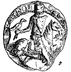 Gravure en noir et blanc montrant Gautier III en armure et à cheval, sur sa main droite est perché un faucon