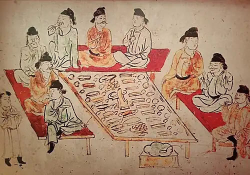 Scène de banquet en plein air. Reproduction d'une peinture murale d'une tombe de Nanliwang. Musée de l'histoire du Shaanxi.