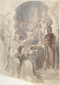Dessin rehaussé de quelques couleurs à l'aquarelle. Deux femmes effrayées voient des personnages s'agiter dans un grand miroir. Le docteur est jambes nues, drapé dans une toge, près d'un autel sur lequel repose un crâne.