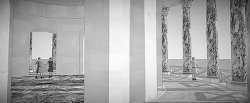 Vue restituée depuis la colonnade extérieure sur le paysage de Rome.