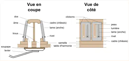 Schéma d'un sommier d'accordéon avec ses cadres et anches de montées.