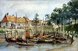 Représentation en couleur de pêcheurs et de leurs embarcations amarrés dans un port.