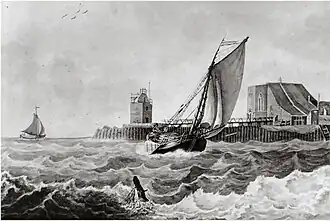 Dessin en noir et blanc représentant un navire dans une mer en tourmente et d'une île et de ses bâtiments en arrière-plan