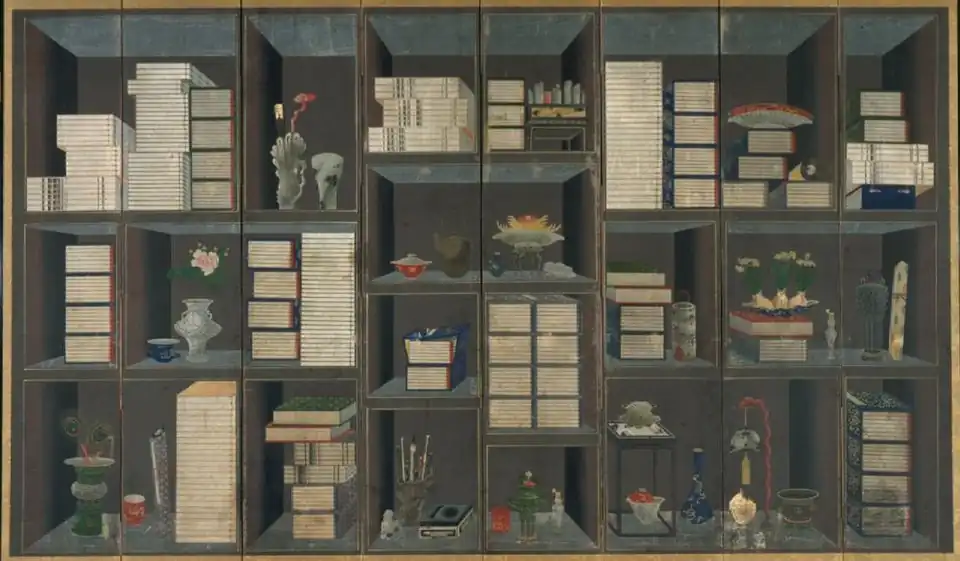 Les chaekgeori sont des paravents qui portent la représentation de bibliothèques, livres et objets de lettrés, signes ou désirs de promotion sociale. Un effet de trompe-l'œil représente la profondeur de l'espace, avec de très nombreux points de fuite. Format env. 2&nbsp;×&nbsp;3&nbsp;m. Daté 1860-1874. Peintre de cour : Yi Eungrok, d'une famille de peintres de cour. AAM San Francisco.