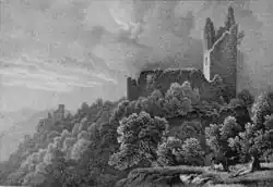 Vue d'artiste des châteaux du Schrankenfels et du Haneck en 1839.