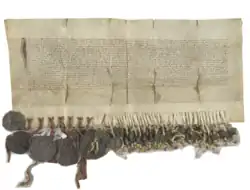 Photographie d'un document manuscrit en parchemin auquel plusieurs sceaux sont attachés.