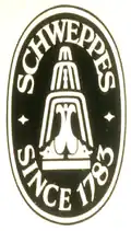 Logos de Schweppes (ancien et actuel) représentant la fontaine mise en place lors de l'exposition universelle de 1851 (à gauche, dessin de la véritable fontaine de 8&nbsp;mètres).