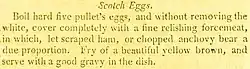 Recipe for scotch eggs, using five pullet eggs covered in forcemeat and fried until brown; served hot with gravy