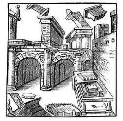 Scripta manent (« les écrits restent », comme le montrent les livres devant ces ruines romaines), un emblème de Geoffrey Whitney&nbsp;(en) (1586).