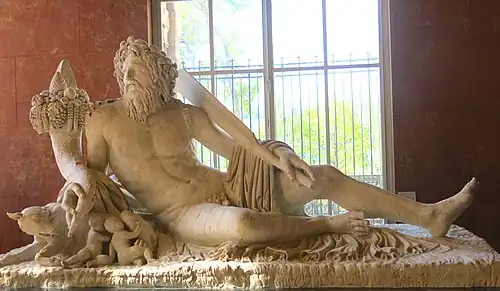 Statue du Tibre avec Romulus et Rémus. Marbre, L. 3,17&nbsp;m. Date 75 / 150 EC. Louvre