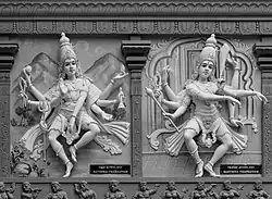Sculptures du dieu Shiva représenté avec 8 bras, dansant Sathura et Santhiya Thandavam, vu sur la façade extérieure du temple dédié à Ganesh Sri Senpaga Vinayagar à Singapour.