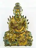 Bouddha assis sur le trône aux lions. Prétendument découvert à Shijiazhuang, province du Hebei. IIIe siècle. Bronze doré. H. 32,8 cm. Arthur M. Sackler Museum of Art