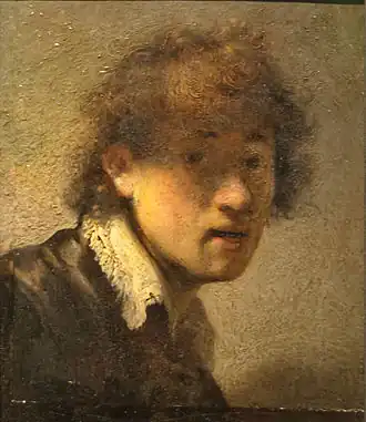 Rembrandt, Autoportrait, 1629, 15,5&nbsp;×&nbsp;12,7&nbsp;cm, Munich, Alte Pinakothek.