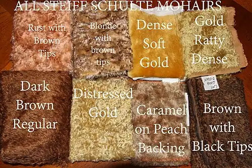 Échantillons de toisons d'alpaga (laine brute non filée ni teintée, avec nom anglais standard de chaque teinte naturelle)