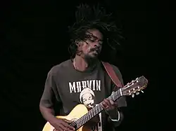 Portrait mi-hauteur en couleur d'un homme aux longs cheveux qui joue de la guitare.