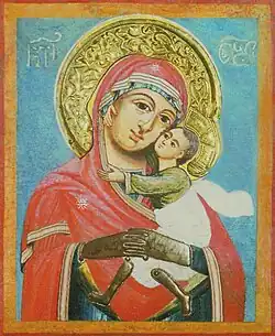 Mère de Dieu (ΜΡ ΘΥ) à l'enfant Jésus en tendresse, icône sur bois de Transylvanie, fin du XVIIIe&nbsp;siècle.