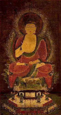 Shaka nyorai (Sakya Tathāgata) (絹本著色釈迦如来像, kenpon choshoku shaka nyoraizō) ou Shakyamuni rouge (赤釈迦, shaka) du XIIe&nbsp;siècle. Rouleau suspendu, 159,4&nbsp;×&nbsp;85,5&nbsp;cm, couleur sur soie.