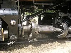 Joints de cardan (sous les protections cylindriques) et, entre eux, l'arbre de transmission.