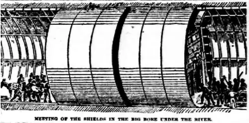 La rencontre des boucliers au centre du tunnel, pour la construction du premier tunnel.